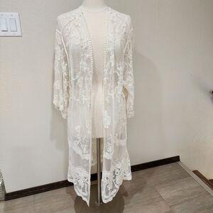 ADIVA Kimono Duster Lace 3/4 Sleeve Cardigan Swim Cover Cream Feminine size 1X